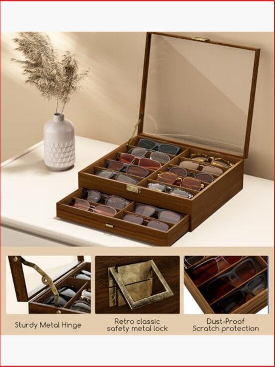 20-Slot Wooden Eyeglass Organizer Storage Case with Glass Lid main image 4